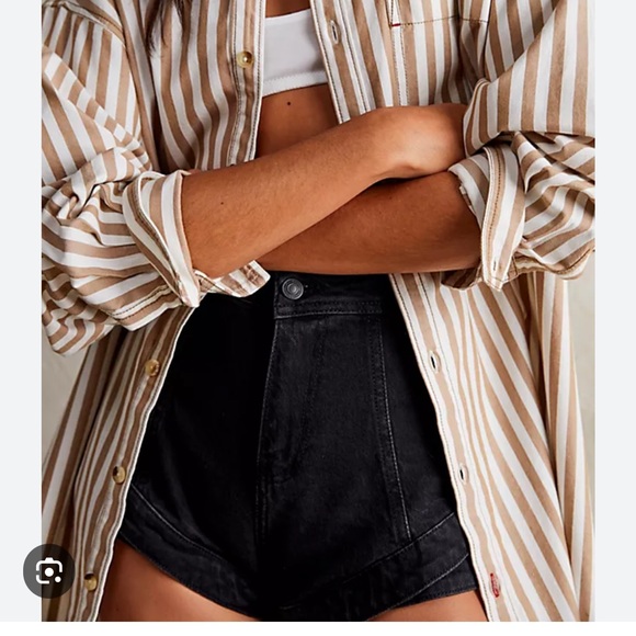 Free People Tan and White Striped Button Down Shirt - Picture 2 of 3